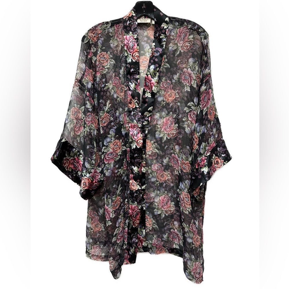 Vintage Victoria’s Secret Black Floral Sheer Kimono Robe One Size
